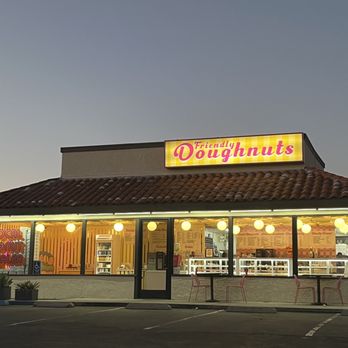 Friendly Donuts - Outside of donut shop (small parking lot in front) - Donuts Near Me - Orange, California