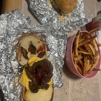 Five Guys - Bacon cheese burger. French fries - Burgers Near Me - North Andover, Massachusetts Five Guys - Bacon cheese burger. French fries - Burgers Near Me - North Andover, Massachusetts