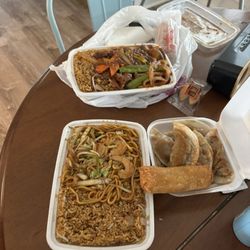 China Garden - Shrimp lomein combo plate, Szechuan beef combo plate and fried dumplings