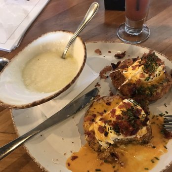 Kitchen Tales - Deep Fried Mashed Potatoes Eggs Benedict w/ side of grits and a Bloody Mary!!! - American Near Me - Conroe, Texas Kitchen Tales - Deep Fried Mashed Potatoes Eggs Benedict w/ side of grits and a Bloody Mary!!! - American Near Me - Conroe, Texas