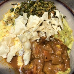 Catering menu: beans Thoran, moru curry, sambar, Avial and pappadam. SO delicious!