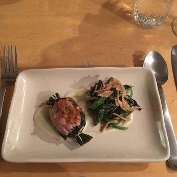Prubechu - Tasting menu - pork and shrimp sausage in a banana leaf with sauteed greens - Guamanian Near Me - San Francisco, California