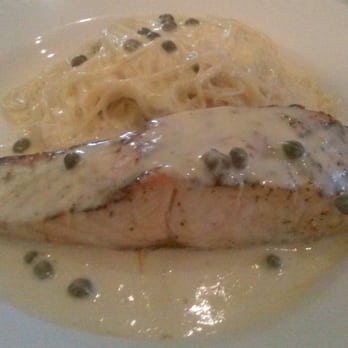 Encore by Goodfellas - GRILLED SALMON \ Grilled Atlantic salmon topped with a mustard-caper cream sauce over capellini pasta $15.95 - Italian Near Me - New Haven, Connecticut