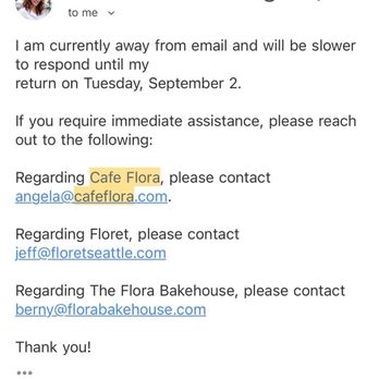 Cafe Flora - Proof of email sent on September 1st, and automated response.   As of 9/14-no response from Annie. - Vegetarian Near Me - Seattle, Washington