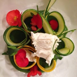 Pertica - Thin slices of zucchini with begonia flowers, wild sorrel, and a soft cow's cheese in a puddle of a silky chard sauce