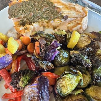 Bushfire Kitchen - La Costa - Salmon plate w mixed veggies and Brussels sprouts as my choose 2 sides - American Near Me - Carlsbad, California Bushfire Kitchen - La Costa - Salmon plate w mixed veggies and Brussels sprouts as my choose 2 sides - American Near Me - Carlsbad, California