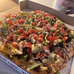 Odd Moe's Pizza - Medium sized Reggie Garlic Veggie Pizza, add pineapple, non-dairy cheese plus feta