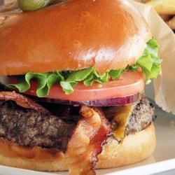 Busboys and Poets - Grassfed Burger with Bacon and Cheddar Cheese on Brioche Bun