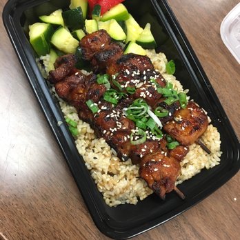 Cha Cafe - Chicken skewers with brown rice and zucchini - Coffee & Tea Near Me - El Monte, California Cha Cafe - Chicken skewers with brown rice and zucchini - Coffee & Tea Near Me - El Monte, California