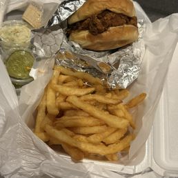 Fried chicken sandwich with fries (takeout)