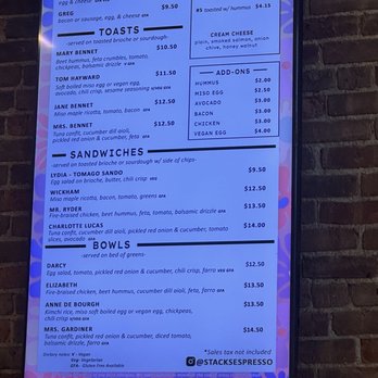 Stacks Espresso Bar - Troy - Props to the food menu Featuring Pride and Prejudice characters. - Coffee & Tea Near Me - Troy, New York