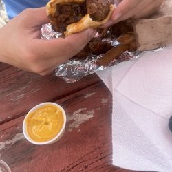 Hank and Aces Real Pit BBQ - Burnt end sandwich with Carolina Gold sauce
