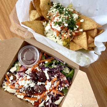 Crest Cafe - Mediterranean nachos and Greek salad (both are side entree versions) - Mediterranean Near Me - Elk Grove, California