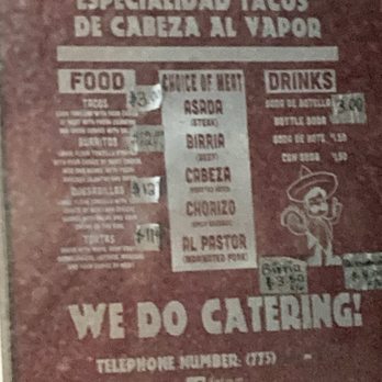 Chepos Tacos - Menu on truck (sorry for poor pic quality).  They have tacos (carne asada, cabeza, al pastor, birria) , burritos, and quesadillas - Food Trucks Near Me - Reno, Nevada