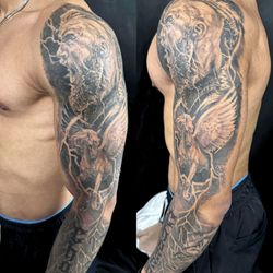 Mayhem Tattoo - A Black and Grey Sleeve with Pegasus, by Anthony