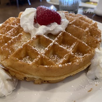 Brunch Cafe-Niles - Belgian Stuffed Waffle with strawberry cream cheese and whipped cream with fresh strawberries and bananas inside . - Breakfast & Brunch Near Me - Niles, Illinois