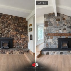 AB Masonry - Before & after natural stone fireplace remodel with new stone veneer and mantel