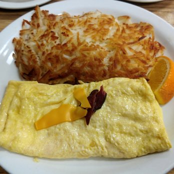 Budget Cafe - Three egg bacon & cheese omelette with hash brown potatoes. - Cafes Near Me - San Luis Obispo, California Budget Cafe - Three egg bacon & cheese omelette with hash brown potatoes. - Cafes Near Me - San Luis Obispo, California