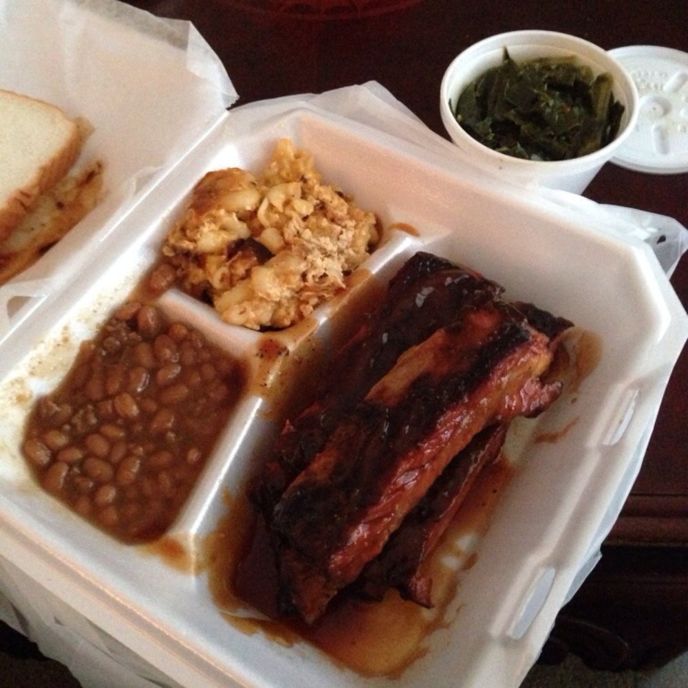 Crazy Ron's BBQ - Ribs with baked beans and mac and cheese. Extra side of greens. Not impressed with the sides, especially not the mac. - Barbeque Near Me - Stone Mountain, Georgia