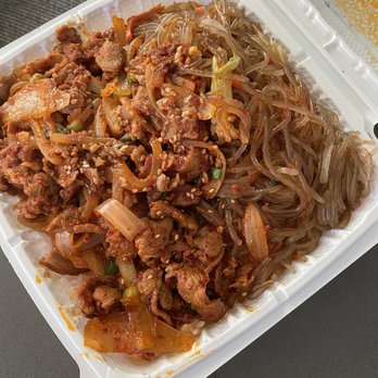Bart Grocery & BBQ - Spicy pork ($16) - comes in a large container over rice, and includes their delicious japchae.  Definitely enough for 2+ meals! - Grocery Near Me - Daly City, California