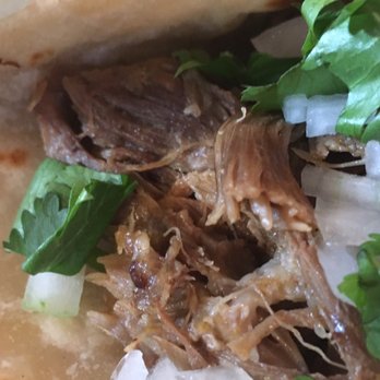 Casa De Leon - Birria (baby goat) taco  with cilantro and chopped onion on a handmade flour tortilla - Mexican Near Me - Houston, Texas