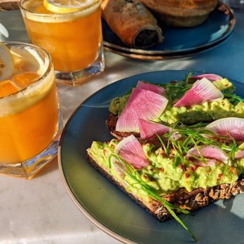 Five Leaves - Avocado Toast ($12) and Golden Dawn Cocktail ($14) - New American Near Me - Brooklyn, New York