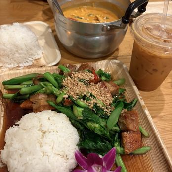 Bloom Thai Cuisine - Red Curry, Chinese broccoli with Crispy Pork Belly and a Thai Ice Tea. - Thai Near Me - Lakewood, Washington Bloom Thai Cuisine - Red Curry, Chinese broccoli with Crispy Pork Belly and a Thai Ice Tea. - Thai Near Me - Lakewood, Washington