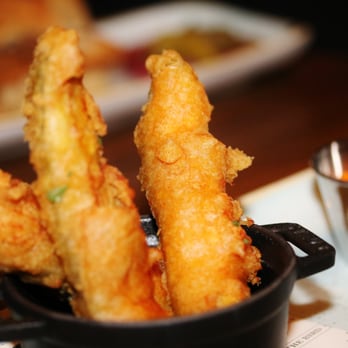 Yardbird - Fried Bread & Butter Pickle Spears ($6): Spicy Salt & Spiked Dukes Mayo. Very light breading, similar to Fish & Chips batter. - Southern Near Me - Las Vegas, Nevada