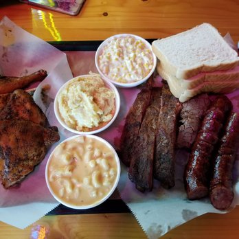 It's All Good BBQ - 1/4 brisket, 1/2 chicken, 1/2 pork ribs, 1/2 sausage, mac cheese, potato salad, and cream of corn - Barbeque Near Me - Spicewood, Texas It's All Good BBQ - 1/4 brisket, 1/2 chicken, 1/2 pork ribs, 1/2 sausage, mac cheese, potato salad, and cream of corn - Barbeque Near Me - Spicewood, Texas