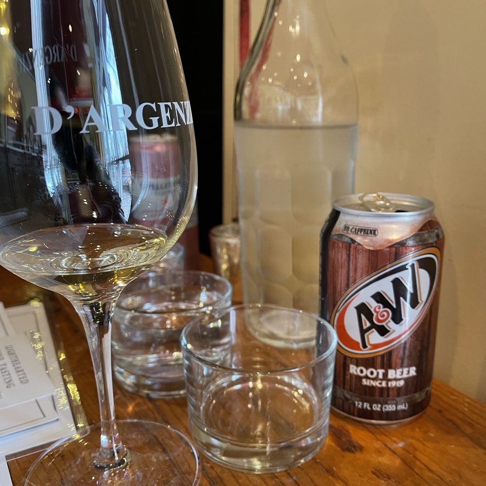 D'Argenzio Winery - 2019 Chardonnay, water and root beer served at D'Argenzio Winery in Santa Rosa. - Wine Tasting Room Near Me - Santa Rosa, California