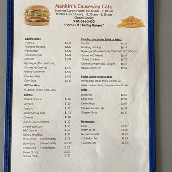 Mankins Causeway Cafe - a menu for a sandwich - Cafes Near Me - Supply, North Carolina