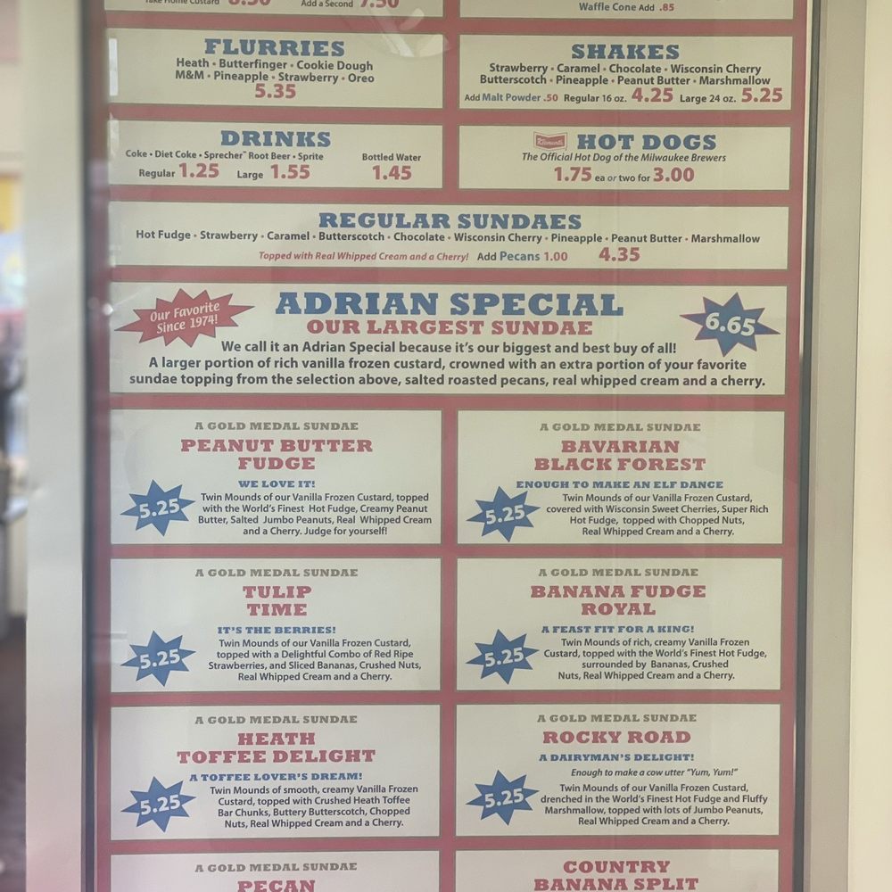 Adrian's Frozen Custard - Menu 2023 - Ice Cream & Frozen Yogurt Near Me - Burlington, Wisconsin Adrian's Frozen Custard - Menu 2023 - Ice Cream & Frozen Yogurt Near Me - Burlington, Wisconsin