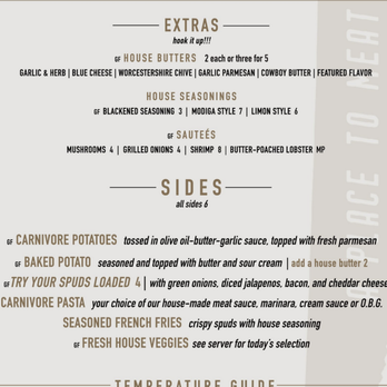 Carnivore - menu: sides and extras - Steakhouses Near Me - St. Louis, Missouri