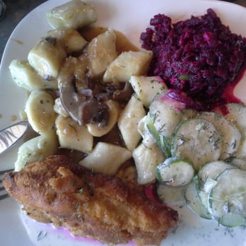 Arkady Bistro Café - Some kinda stuffed chicken dish that came with a potato (gnocchi like) and 2 salads - ~$13+change (including tax).  I had leftovers! - Polish Near Me - Mississauga, Ontario