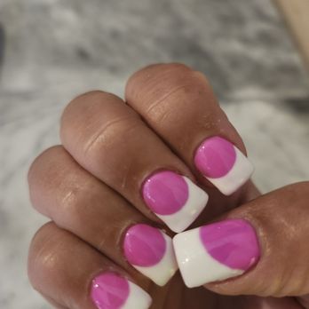 Capri Nails - Short more square hot pink and white nails. - Nail Salons Near Me - Suwanee, Georgia
