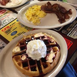 Blueberry waffle- thick bacon 6 prices- eggs as you like