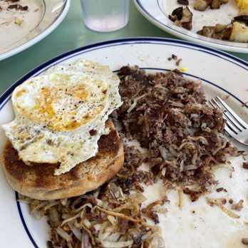 Marvins Corner Lunch  - Corned Beef Hash, homemade English muffin, egg over hard, hash browns with onions - Diners Near Me - Worcester, Massachusetts