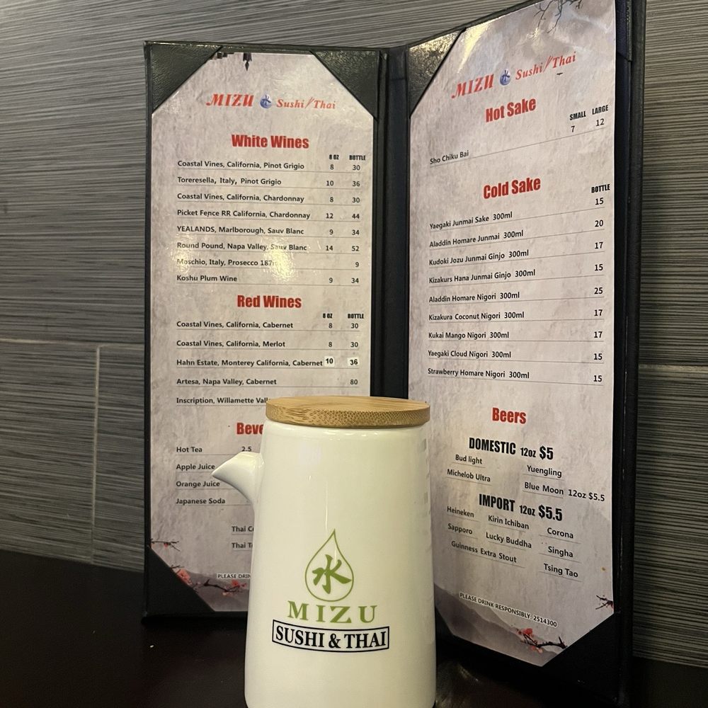 Mizu Sushi & Thai - drink menu on table with cute soy sauce pitcher - Sushi Bars Near Me - Naples, Florida Mizu Sushi & Thai - drink menu on table with cute soy sauce pitcher - Sushi Bars Near Me - Naples, Florida