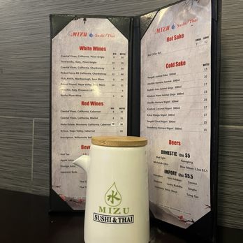 Mizu Sushi & Thai - drink menu on table with cute soy sauce pitcher - Sushi Bars Near Me - Naples, Florida Mizu Sushi & Thai - drink menu on table with cute soy sauce pitcher - Sushi Bars Near Me - Naples, Florida
