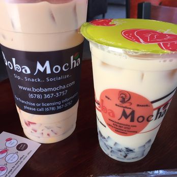 Boba Mocha - Left: regular milk tea with egg pudding and rainbow jelly Right: jasmine milk tea with coffee jelly - Coffee & Tea Near Me - Duluth, Georgia