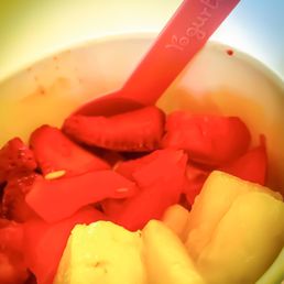 Strawberry Soft Serve Yogurt with Fresh Strawberries n Pineapple to quench 108 degrees.