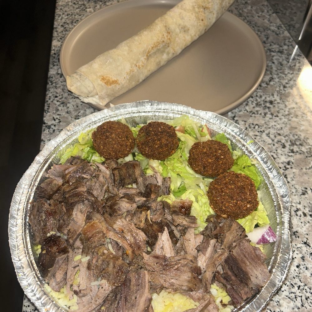 beef shawarma bowl with rice and salad & falafel wrap!