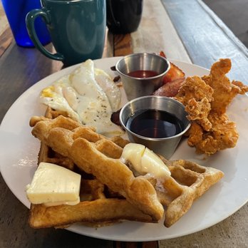 Sip - Cinnamon waffle, eggs, bacon, chicken add on. Berry sauce was good, decent coffee. - New American Near Me - Plattsburgh, New York