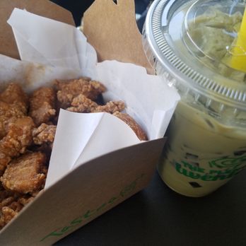 Tastea - Popcorn chicken w/o basil leaves (they didn't include it) and Matcha Thai MT - Coffee & Tea Near Me - San Jose, California Tastea - Popcorn chicken w/o basil leaves (they didn't include it) and Matcha Thai MT - Coffee & Tea Near Me - San Jose, California
