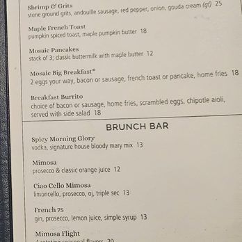 MOSAIC Restaurant - Brunch menu February 2026 - New American Near Me - Richmond, Virginia