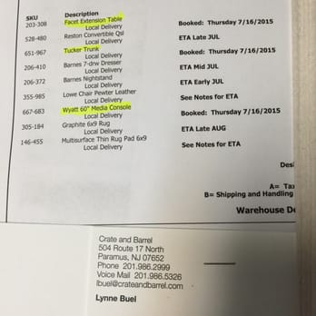 Crate & Barrel - This picture clearly indicates the promised delivery date of my furniture not only am I not getting it they can't find it - Home Decor Near Me - Paramus, New Jersey