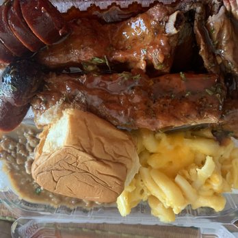 Ruby Jewels Catering - 3-way with ribs, steak (tri-tip), links, Mac & Cheese, baked beans and a roll. - Caterers Near Me - Vallejo, California