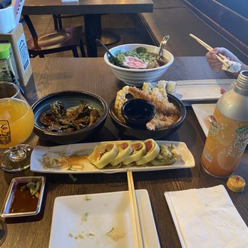 Sei Sushi - Lake Murray roll, Sei udon, shishito peppers, mixed tempura, and CA roll (mostly eaten by the kid). - Sushi Bars Near Me - San Diego, California
