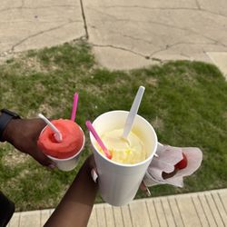 Zach's Shaved Ice - Banana snow cone with sweet cream, koolaid pickles, and cherry limeade snow cone