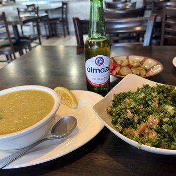 Mona's Kitchen - Lentil Soup , Tabbouleh Salad and a Pilsener - Lebanese Near Me - Los Angeles, California